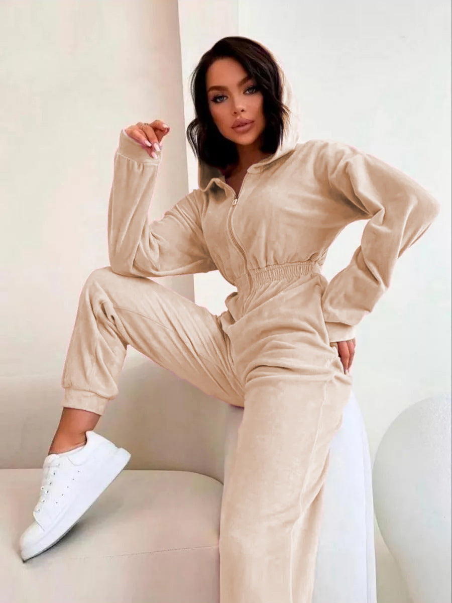 Damen Velours-Jumpsuit Kapuze Elastisch Eveloria