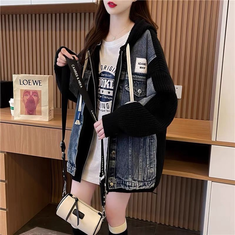 Damen Oversized Denimjacke Strickdetails Blau Eveloria