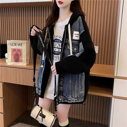 Damen Oversized Denimjacke Strickdetails Blau Eveloria