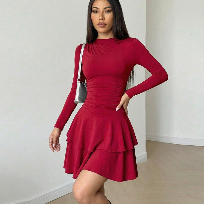 Damen Volantkleid Tailliert mit Raffdesign Schwarz - Eveloria