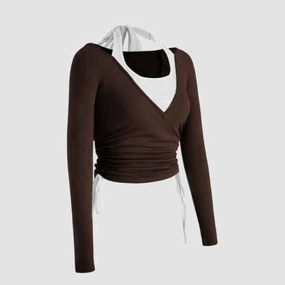Damen Langarmshirt Doppeltes Design Raffung Evelyn