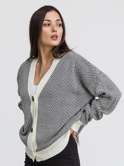 Damen Strickcardigan Chevron Muster Elegante Knöpfe