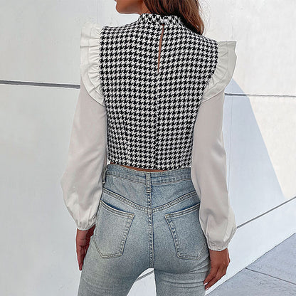 Damen Crop- Voluminöse Ärmel Karomuster