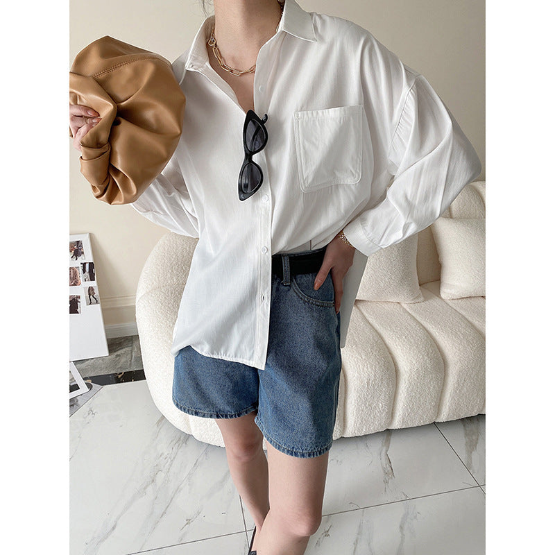 Damen Oversized Hemdbluse Atmungsaktiver Baumwollmix Mit Brusttasche - Eveloria