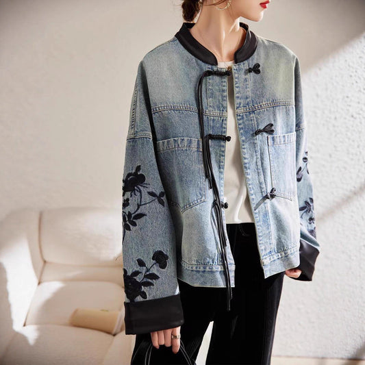 Damen Denimjacke Floral Stickerei Elegant Blau Eveloria - Eveloria