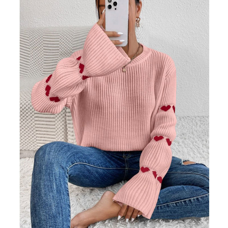 Damen Strickpullover Weite Ärmel Herz Applikation