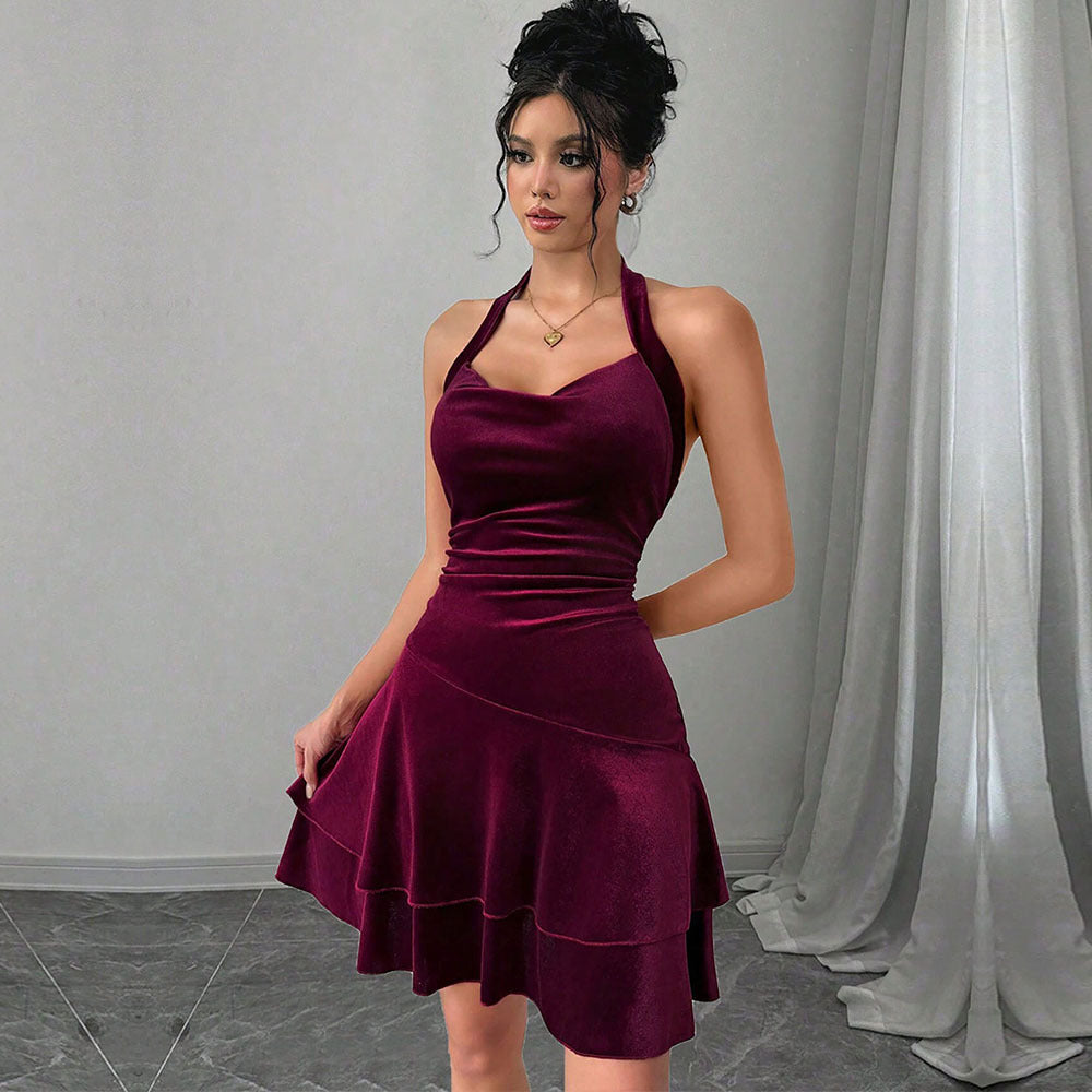 Damen Abendkleid Figurbetont Rüschenrock Neckholder Schwarz Eveloria - Eveloria