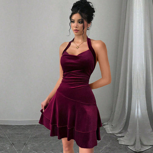 Damen Abendkleid Figurbetont Rüschenrock Neckholder Schwarz Eveloria - Eveloria