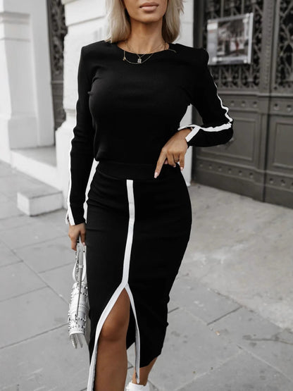 Damen Strickkleid Mit Seitenschlitz Kontraststreifen Elegantes Design