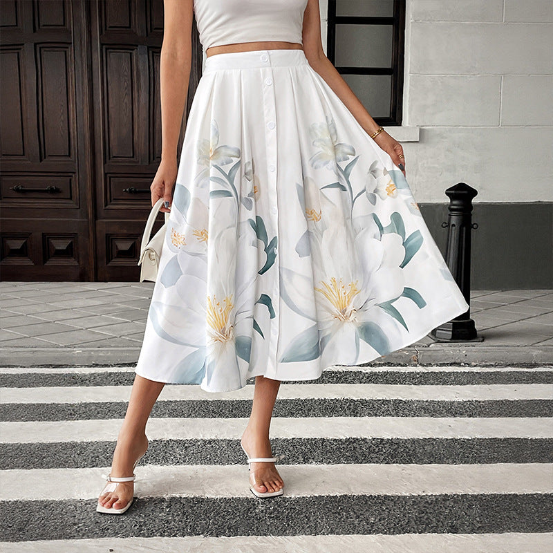 Damen Maxirock Floral Front Knöpfe Blumenmuster - Eveloria