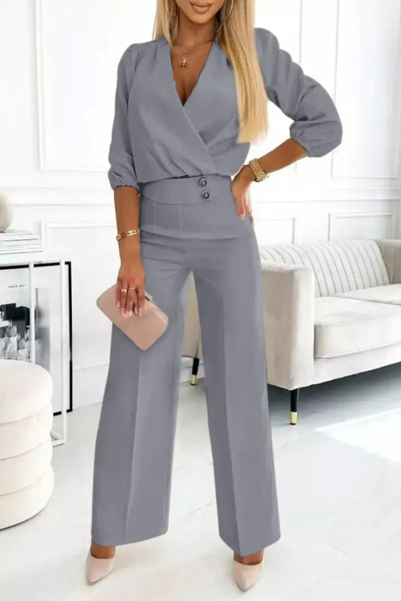 Damen Jumpsuit Wickeloberteil Hochtailliert Eveloria