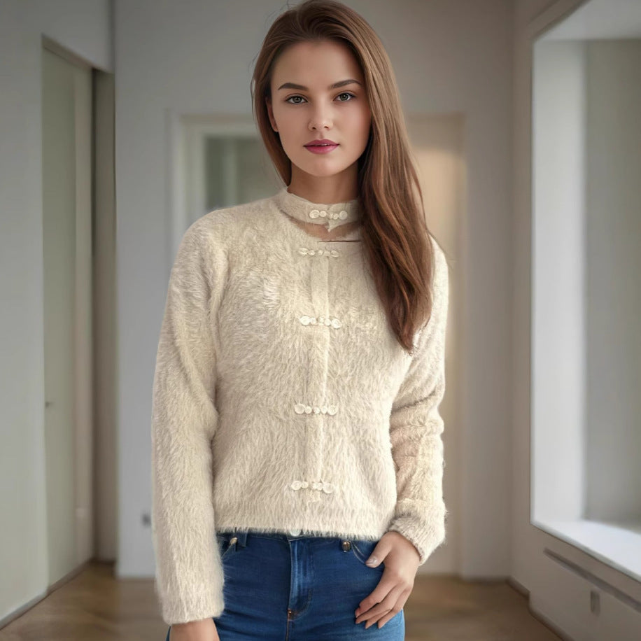 Damen Pullover Hochgeschlossen Kuschelig Dekorative Knöpfe Beige