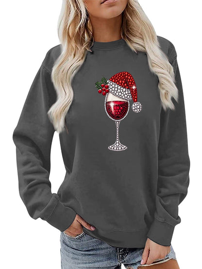 Damen Sweatshirt Weich Innenfutter Weinmotiv Eveloria