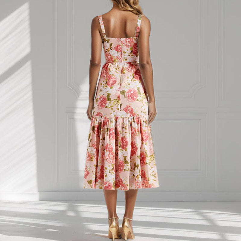 Damen Blumenkleid Rüschensaum schmale Träger Eveloria