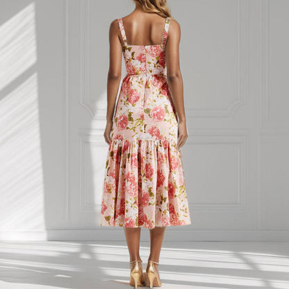 Damen Blumenkleid Rüschensaum schmale Träger Eveloria