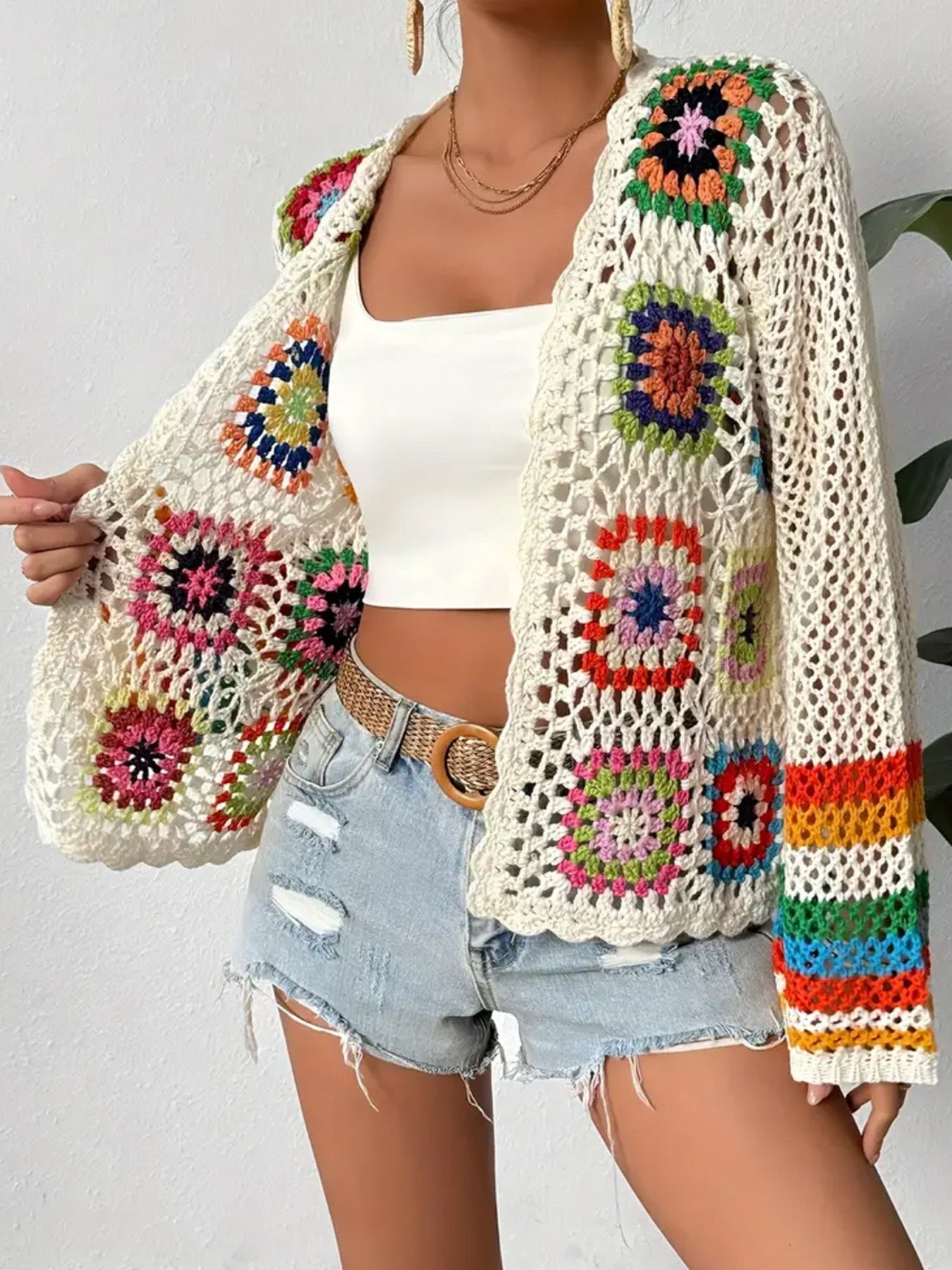 Damen Cardigan Blumenmuster Weite Ärmel