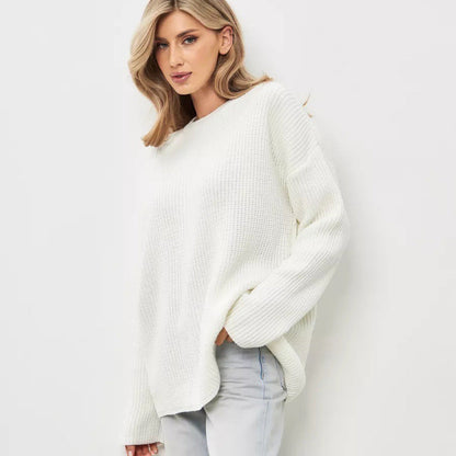 Damen Oversized Strickpullover Offene Ärmel Leicht Rippenmuster Beige