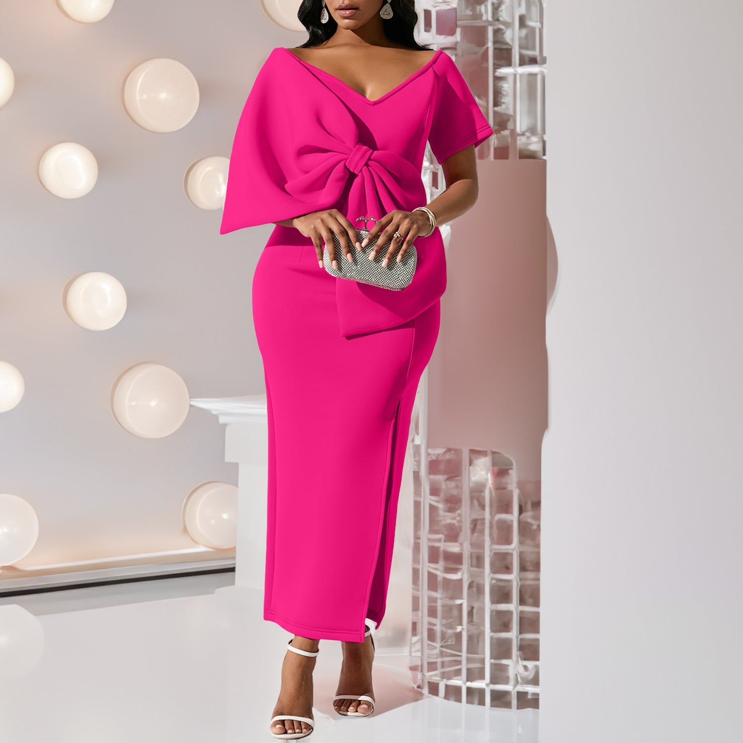 Damen Kleid Figurbetont Voluminöser Schleifen-Detail Schwarz - Eveloria