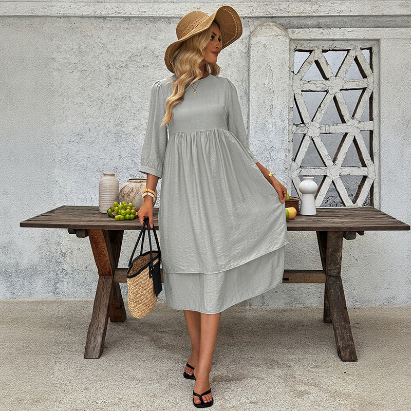 Damen Midi-Kleid Schwingrock Puffärmel Elegantes Design - Eveloria