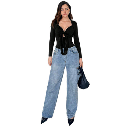 Damen Bodysuit mit V-Ausschnitt und Knotendetail