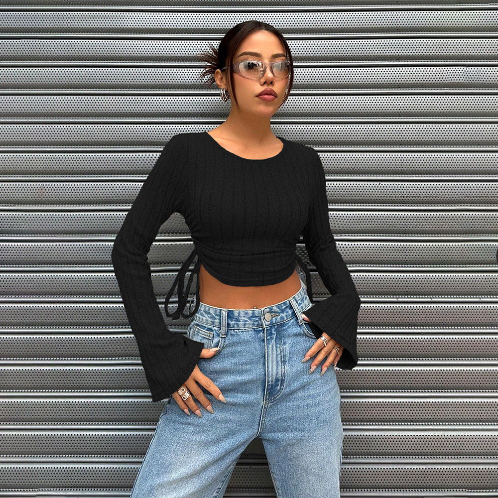 Damen Cropped Langarmtop Rippstrick Bindedetail