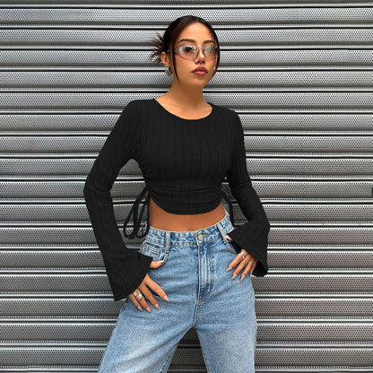 Damen Cropped Langarmtop Rippstrick Bindedetail