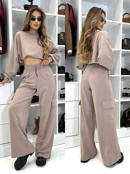 Damen Freizeit-Set Cropped Oberteil Weite Stoffhose Eveloria