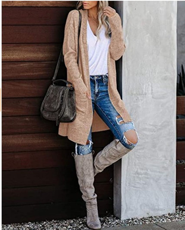 Damen Grobstrick Cardigan Lässig Mit Taschen Beige
