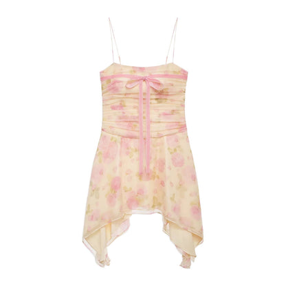 Damen Mini-Kleid Flower-Print Asymmetrisch Elegantes Raffdesign