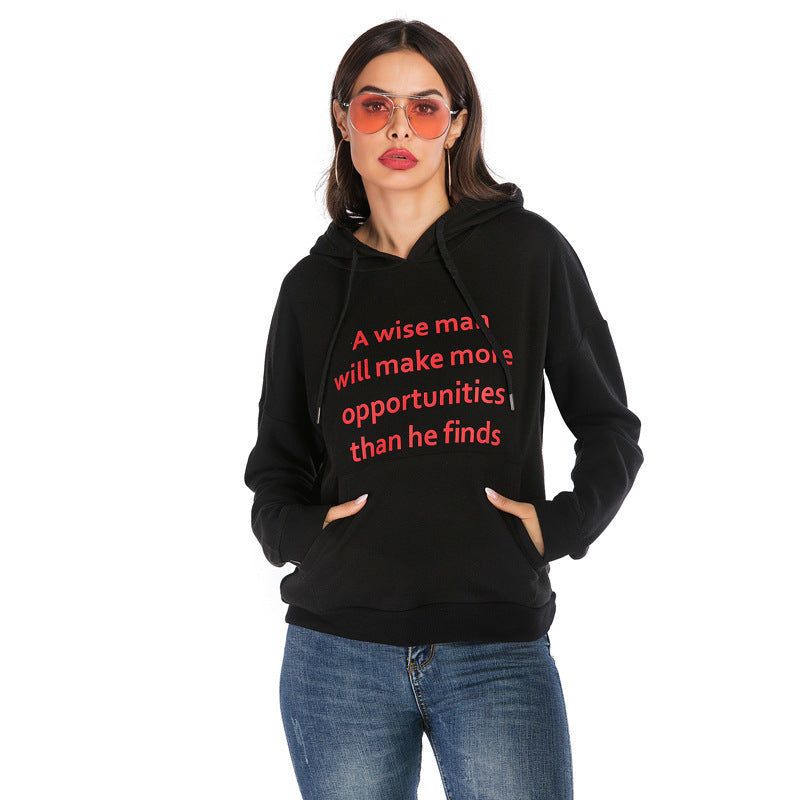 Damen Kapuzenpullover Statement-Print seitliche Taschen Schwarz - Eveloria