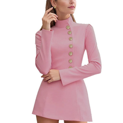 Damen Minikleid Stehkragen Dekorative Knöpfe Eveloria