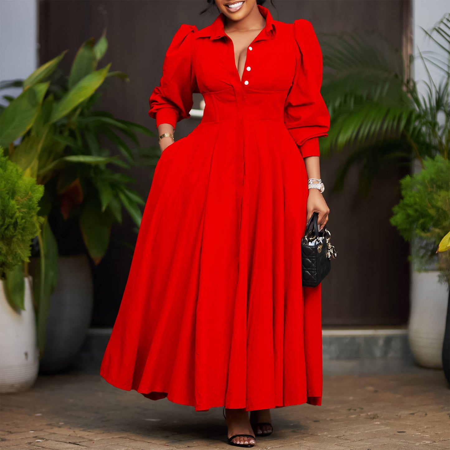 Damen Maxi-Hemdkleid mit Taillenbund Elegantes Design