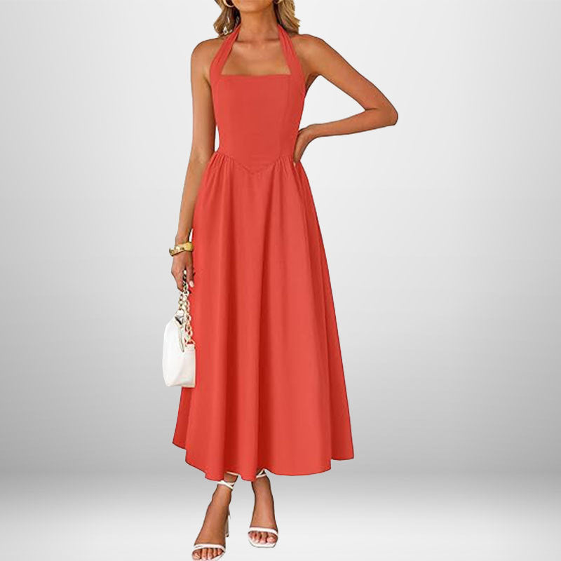 Damen Maxikleid Schulterfrei Halterneck Fließend