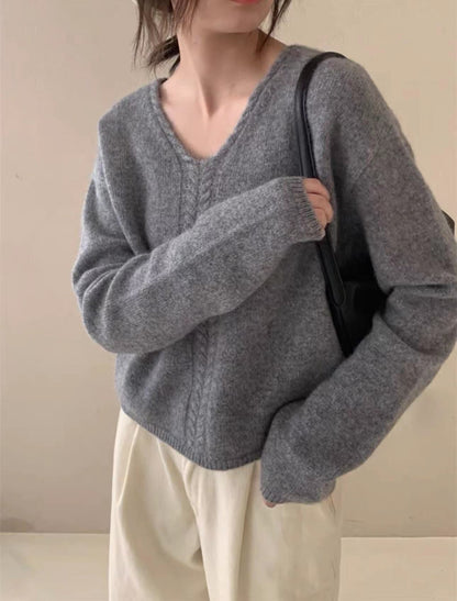 Damen Pullover V-Ausschnitt Feines Zopfmuster Eveloria
