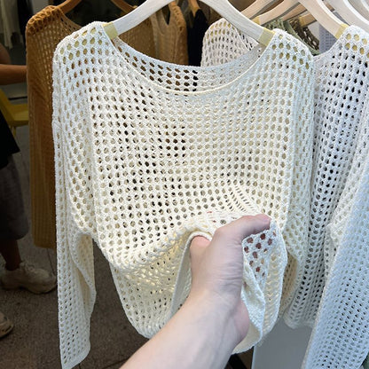 Damen Strickpullover Luftig Grobes Netzmuster Beige