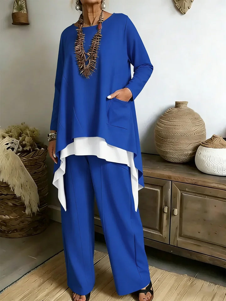 Damen Ensemble Asymmetrisches Oberteil Weite Hose Eveloria