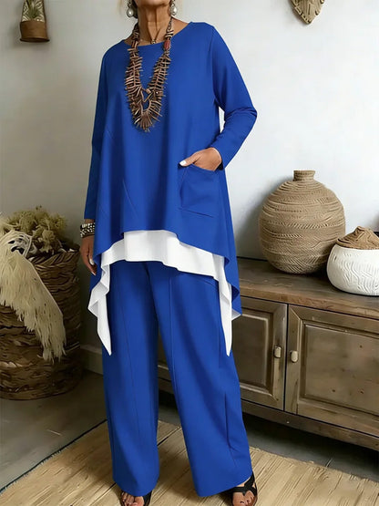 Damen Ensemble Asymmetrisches Oberteil Weite Hose Eveloria