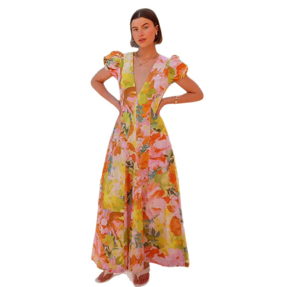 Damen Maxikleid V-Ausschnitt Puffärmel Eveloria
