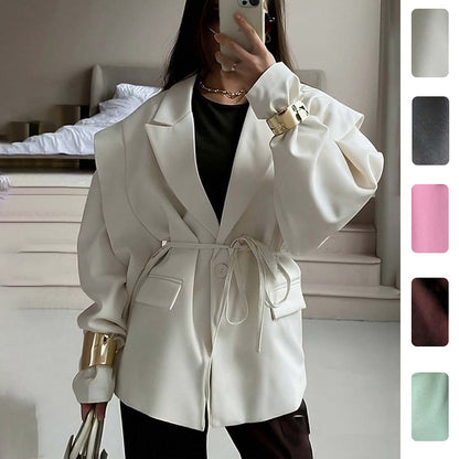 Damen Oversized Blazer mit Taillengürtel und Puffärmeln - Eveloria