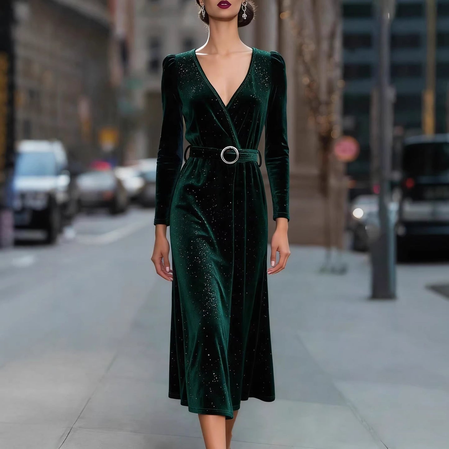 Damen Midikleid Samt Optik Funkelnde Akzente Elegante Taillierung