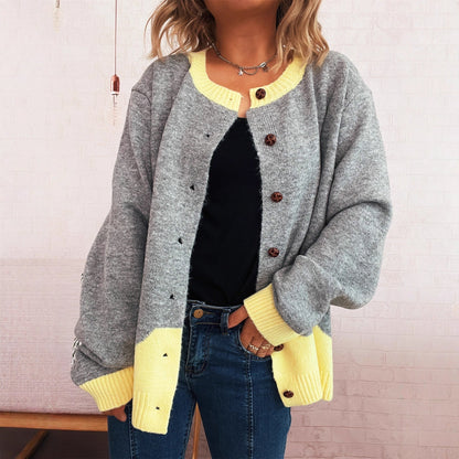 Damen Strickjacke Kuschelig Kontrastbündchen Knöpfe