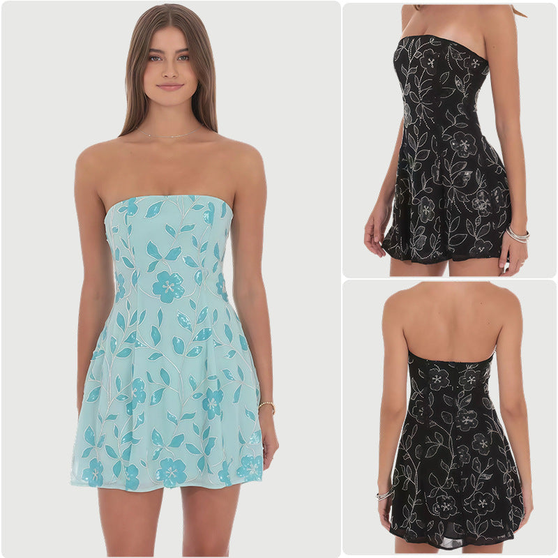 Damen Freizeitkleid Floralmuster Schulterfrei - Eveloria