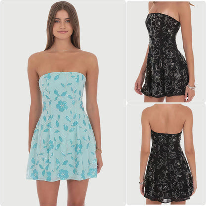 Damen Freizeitkleid Floralmuster Schulterfrei - Eveloria