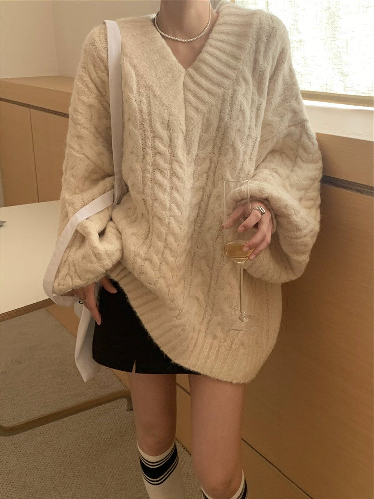 Damen Grobstrickpullover V-Ausschnitt Voluminöse Ärmel Eveloria