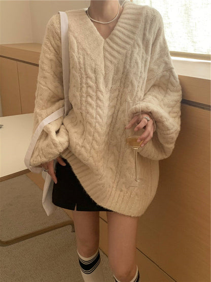 Damen Strickpullover Strukturiertes Kabelmuster Voluminöse Ärmel