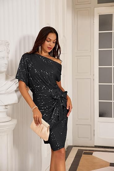 Damen Wickelkleid Asymmetrischer Schnitt Glitzernde Pailletten