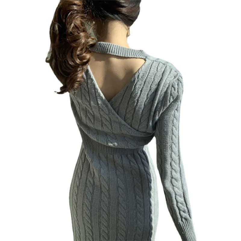 Damen Strickkleid Bunt Zopfmuster Hochtaillenschnitt Lang