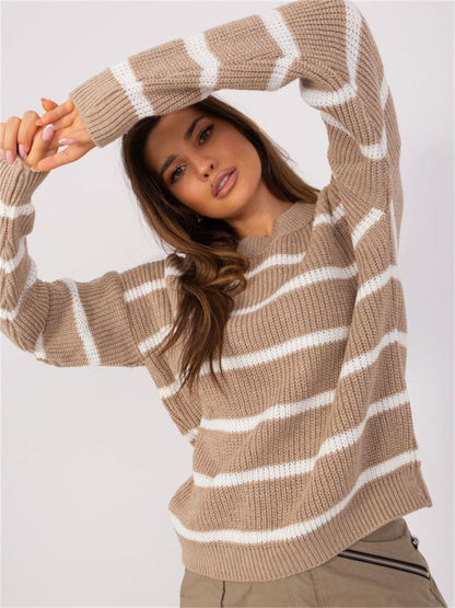 Damen Grobstrickpullover Lässiges Streifenmuster Rundhalsausschnitt