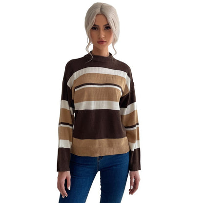 Damen Strickpullover Farbiges Streifenmuster Hoher Kragen