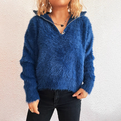 Damen Pullover Hohler Kragen Reißverschluss Kuschelig Grau Eveloria